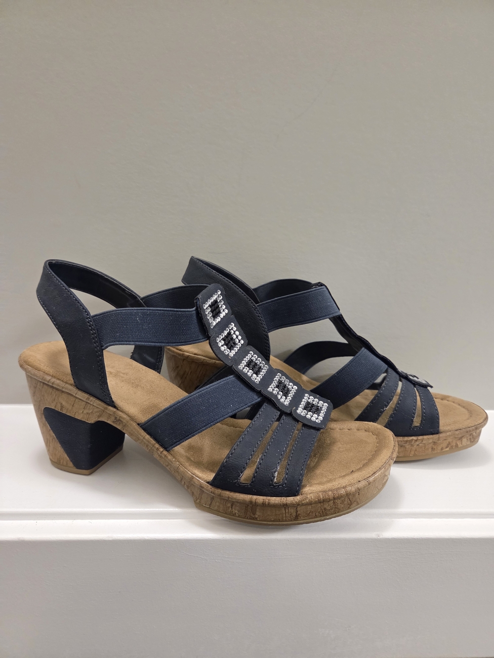 Rieker 69761-14 Robsquare Navy Blue Rhinestone Heeled Strappy Sandal 37 6-6.5